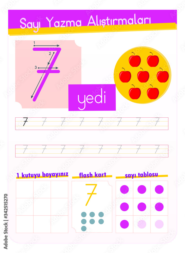 Number writing practice Turkish - number 7, coloring box, flash card, number chart Number writing practice Turkish - number 7, coloring box, flash card, number chart