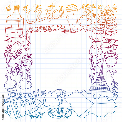 Vector icons and symbols. Czech Republic illustrations for banners, posters, background.