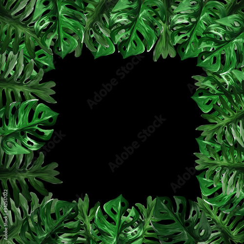 Exotic tropical jungle floral frame with monstera leaves and place for text on black background