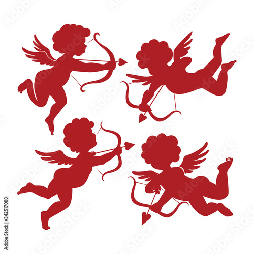 set of cute cupid silhouettes, sign isolated, vector