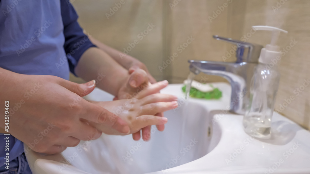 Mother Instructs Her Son How To Wash Careful His Hands Mother Instructs Her Son How To Wash Careful His Hands