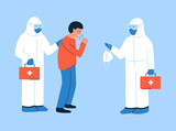 Modern vector illustration in flat style. Coughing, sneezing man and doctors in hazmat suits helping him to recover. Doctor giving medical mask. Respiratory hygiene. Stop Coronavirus COVID-19 spread