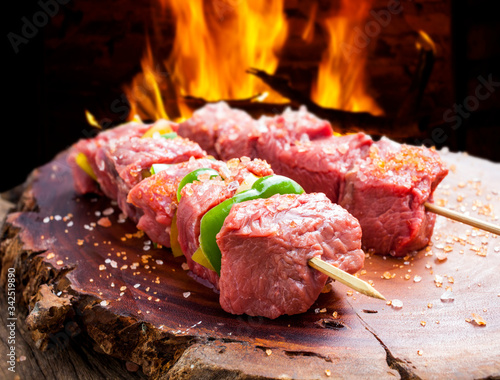 delicious raw meat skewer, beef
