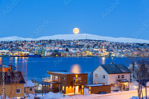 Tromso City At Full Moon In Winter Time, Christmas in Tromso, Norway