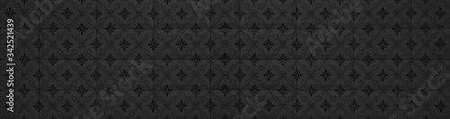 Black anthracite gray vintage retro geometric square mosaic motif cement tiles flower blossom print texture background banner panorama