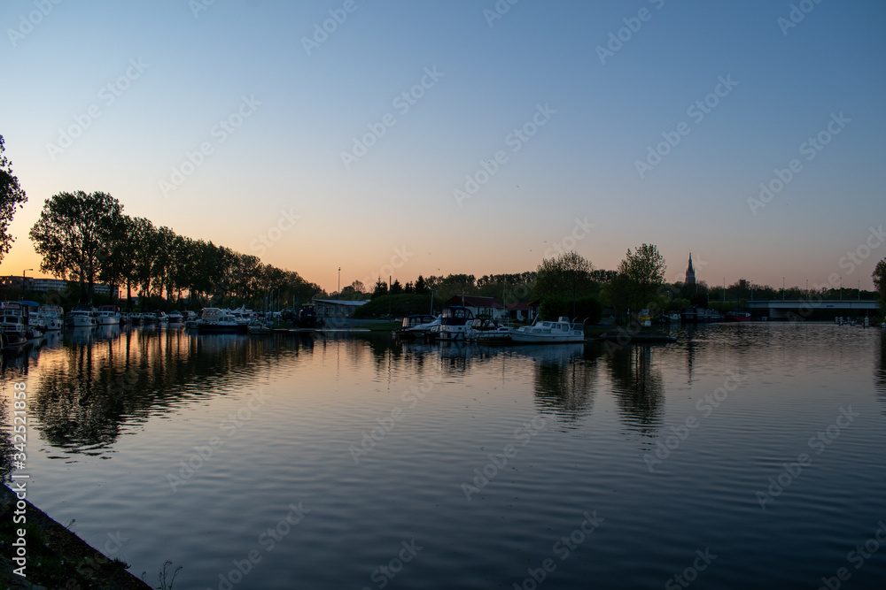 Sunset at the recreational port in Bruges, Belgium