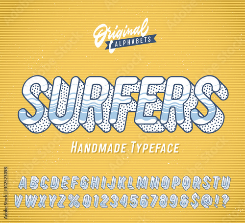 Surfers. Vintage 3d Summer Styled Alphabet. Retro Typeface with Good Vibes, Salty taste and the Smell of the Ocean. Vector Illustration