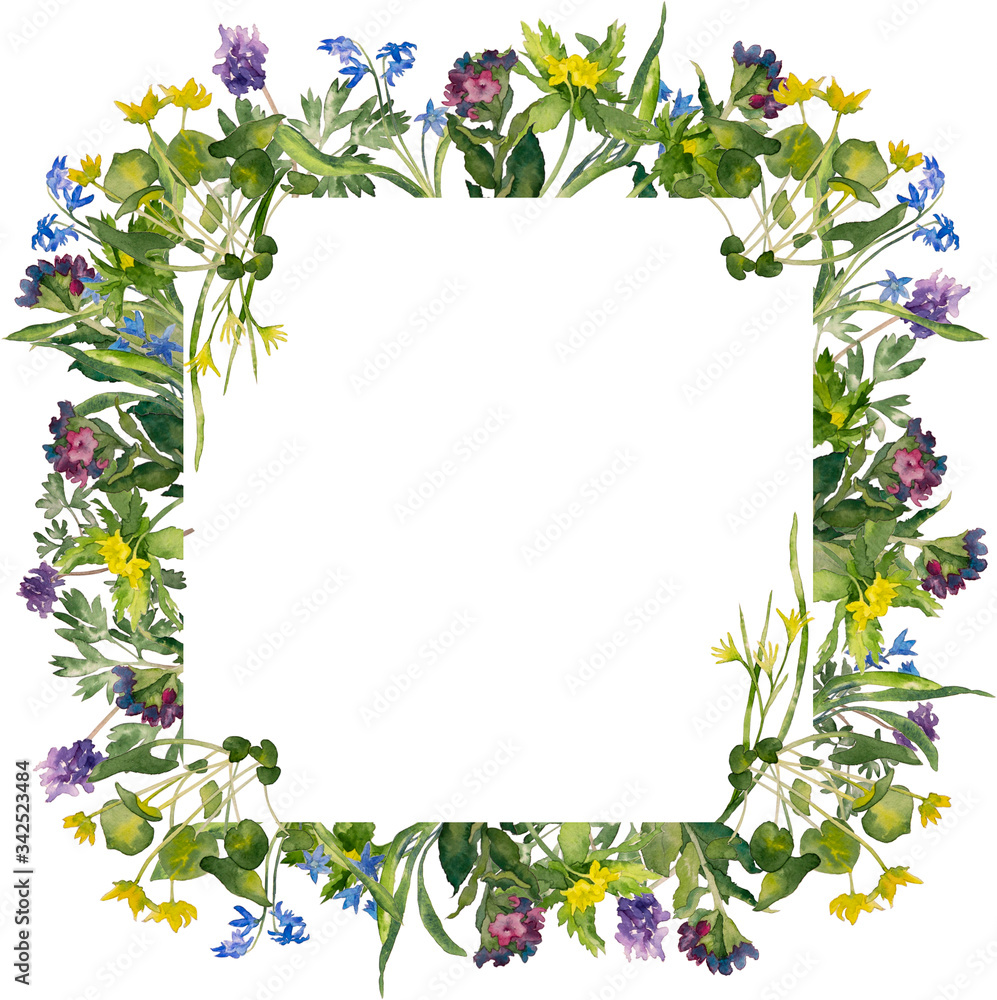 Square frame with spring flowers. Watercolor background with blossoming Lungwort, Corydalis, Snowdrop, Adonis, Kaluzhnitsa.