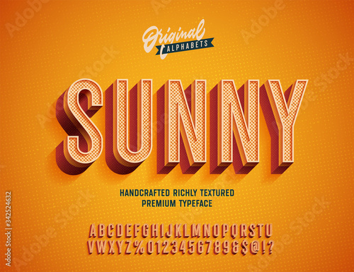 Sunny. Vintage 3d Premium Rich Textured Alphabet. Super Detailed Retro Typeface with Good Vibes and High Temperature.