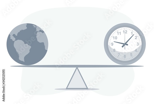 Balance of time - daily life balance concept. depicts the important of time and life on earth. Vector flat design illustration.