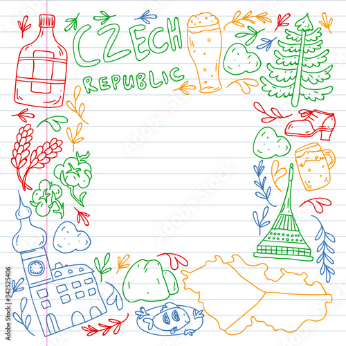 Vector icons and symbols. Czech Republic illustrations for banners, posters, background.