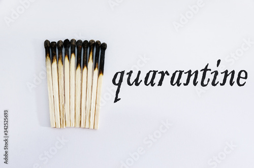 Coronavirus. Social Distancing concept using burnt out match sticks as a metaphor for containing corona virus outbreak on a white background. Quarantine. Stay ho