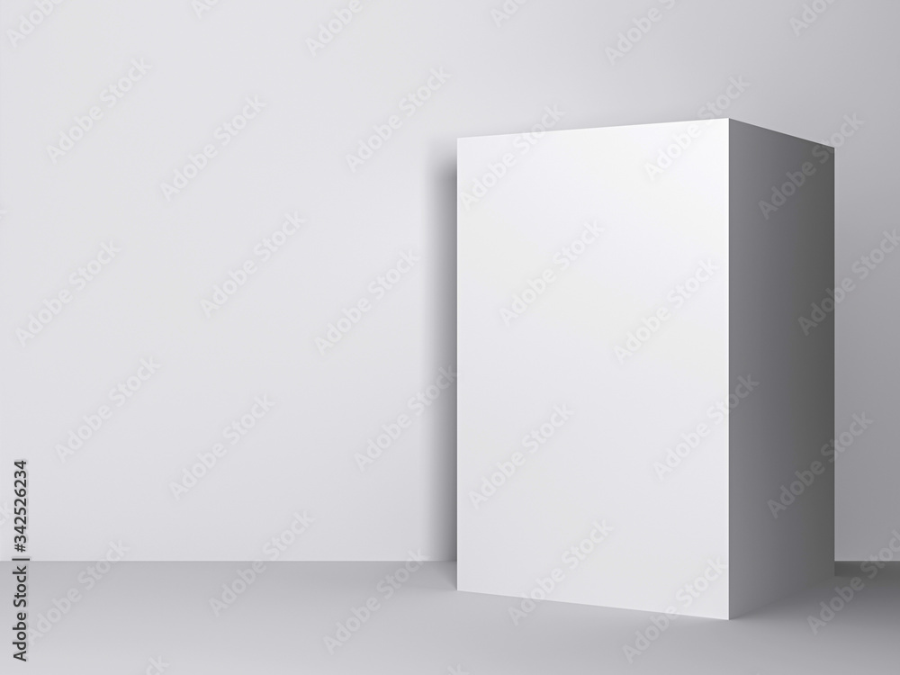 White parallelogram, cube standing on the floor with light background wall. 3d illustration
