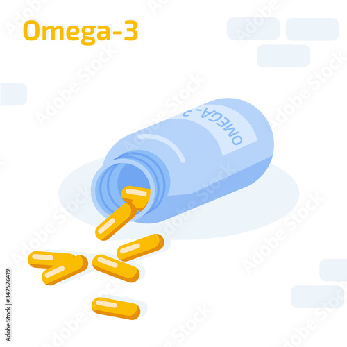Fish Oil in capsules in blue bottle on the white background with writing omega 3. Flat vector illustration.
