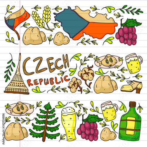 Vector icons and symbols. Czech Republic illustrations for banners, posters, background.