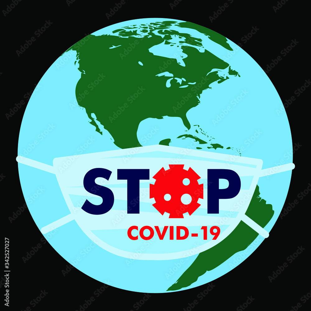 medical protective mask with the text Stop Coranovirus Covid worn on a globe with a map of America Vector, illustration, isolate, on a black background medical protective mask with the text Stop Coranovirus Covid worn on a globe with a map of America Vector, illustration, isolate, on a black background