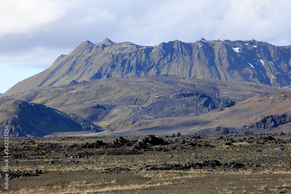 Landmannalaugar / Iceland - August 15, 2017: The solitary landscape near Landmannalaugar park, Iceland, Europe