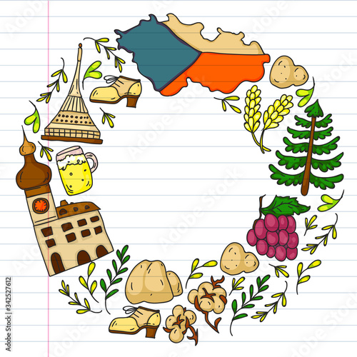 Vector icons and symbols. Czech Republic illustrations for banners, posters, background.