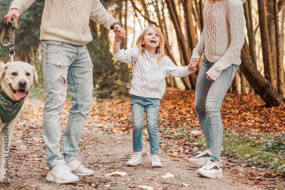 Obraz premium Happy beautiful family with dog labrador is having fun together walking the in park.