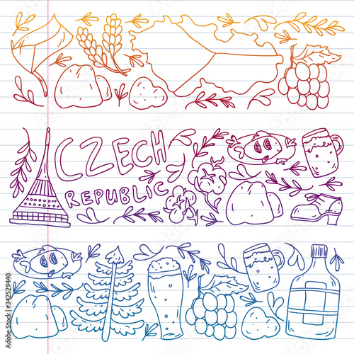 Vector icons and symbols. Czech Republic illustrations for banners, posters, background.