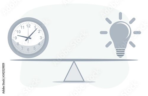 Clock and Lightbulb on seesaw. Vector flat design illustration.