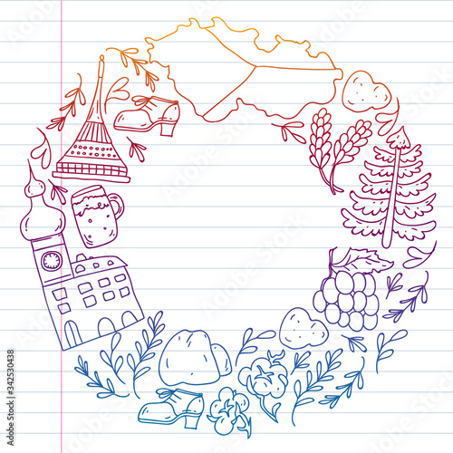 Vector icons and symbols. Czech Republic illustrations for banners, posters, background.