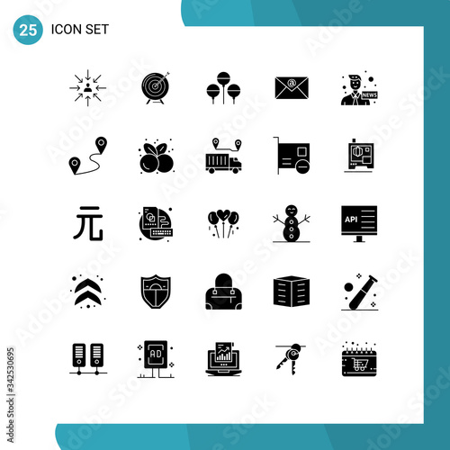 Pack of 25 Modern Solid Glyphs Signs and Symbols for Web Print Media such as mail, email, business, holiday, bloon photo