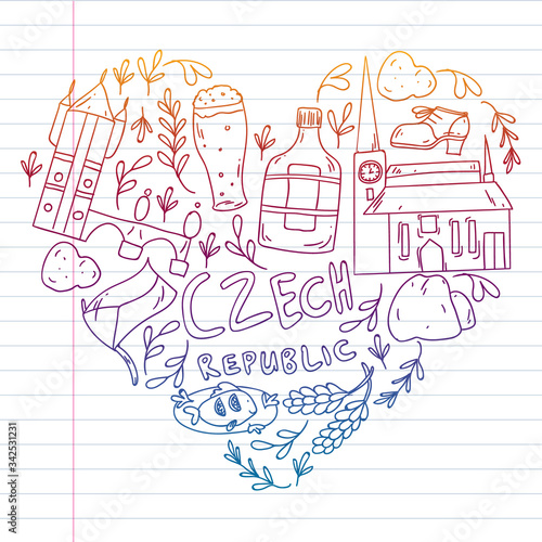 Vector icons and symbols. Czech Republic illustrations for banners, posters, background.