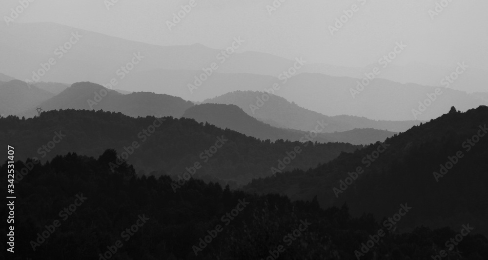 Black and white hill silhouette outdoors in nature
