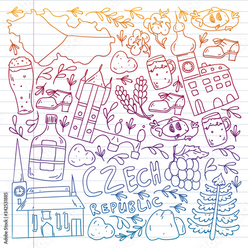 Vector icons and symbols. Czech Republic illustrations for banners, posters, background.