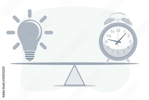 Clock and Lightbulb on seesaw. Vector flat design illustration.