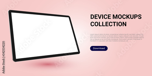 Realistic template mock up of a digital tablet for web design, webpages, banners, landings, presentations. Rotated, angled.