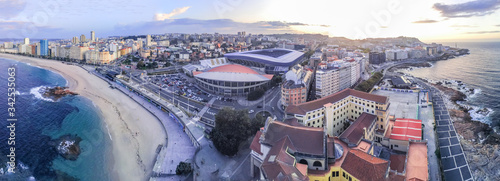 Aerial view in Riazor stadium, sports palace in the city of La Coruña, Galicia, Spain, Europe. Drone Photo
 photo