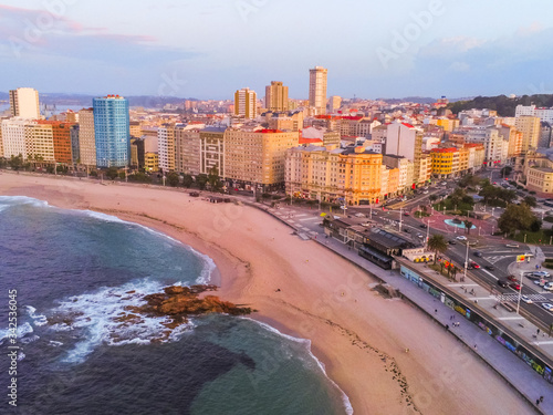 Aerial view in Riazor and Orzan beach.Coruña city, Galicia, Spain photo