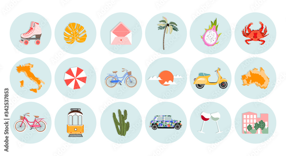 Summer Vacation & Travel Icon Set. Round tourism sticker, label collections. Trendy vector illustrations for web design, print, and Instagram highlights. Summer travel and vacation concept.