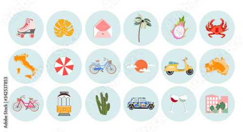 Summer Vacation & Travel Icon Set. Round tourism sticker, label collections. Trendy vector illustrations for web design, print, and Instagram highlights. Summer travel and vacation concept.