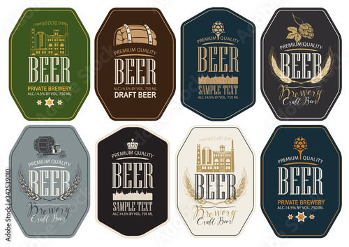 Set of eight vector labels for beer and brewery in retro style. Labels with brewery building, wooden barrel, hop cones, ears wheat and inscriptions in figured frames