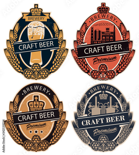 Set of four vector labels for craft beer of the private brewery in retro style in form of coat of arms. Labels with wheat or barley ears, hops and crown in oval frame