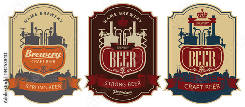 Set of vector labels for beer and Brewery in figured frames. Beer labels in retro style with the production line of the brewery, the inscription and the silhouette of the old town
