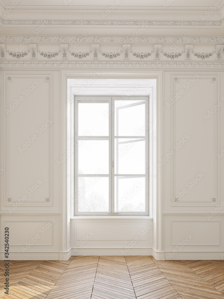 Bright, empty white room and light, big windows. Wall decorations. 3d rendering.
