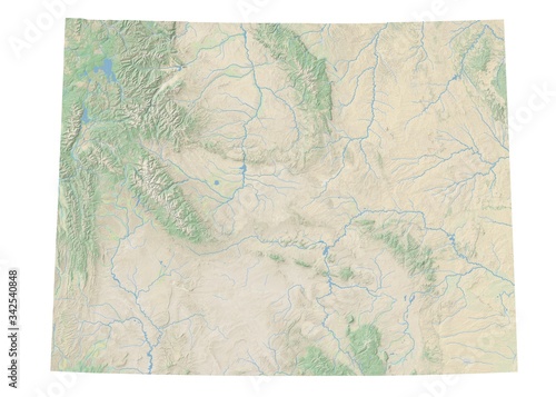 High resolution topographic map of Wyoming with land cover, rivers and shaded relief in 1:1.000.000 scale. photo