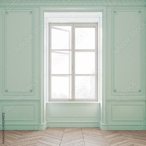 Bright  light and empty turquoise colored room with big windows. 3d rendering.