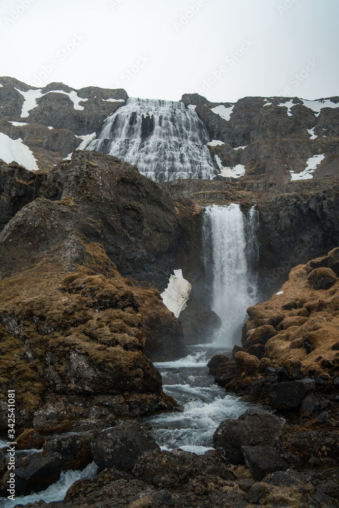 Obraz premium Beautiful waterfall in west fjords of Iceland in spring