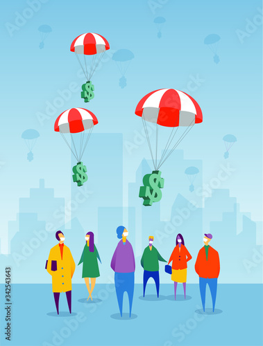 Government money floating into a community. To combat an impending recession triggered by COVID-19, the United States government is distributing stimulus checks to residents. 