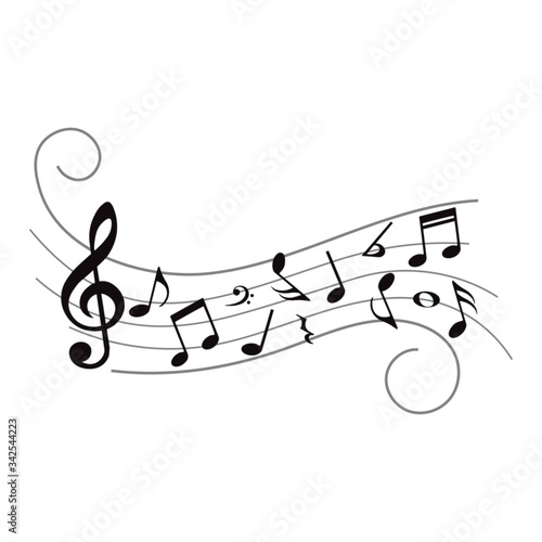 Music notes, symbols on wavy lines with curves, vector illustration.