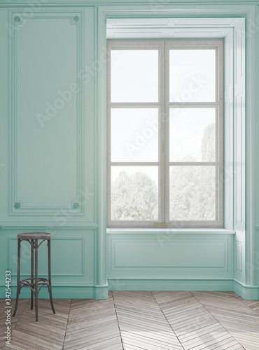 Fototapeta Naklejka Na Ścianę i Meble -  Bright, empty and light turquoise colored room with big windows. Bar stool, wooden chair. 3d rendering.