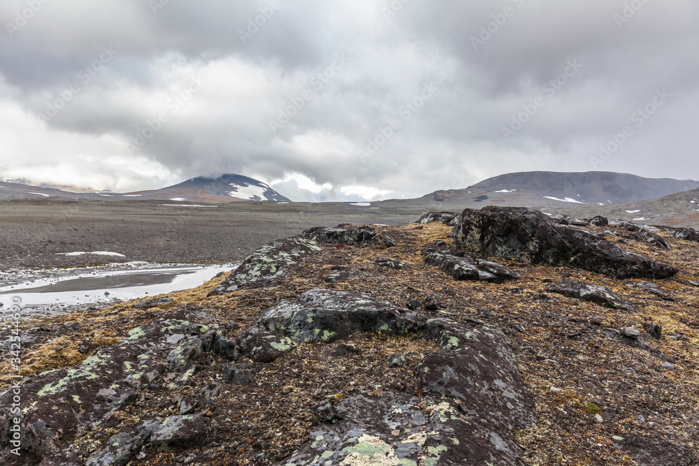 stone landscape in the mountains in Sarek national park, selective focus