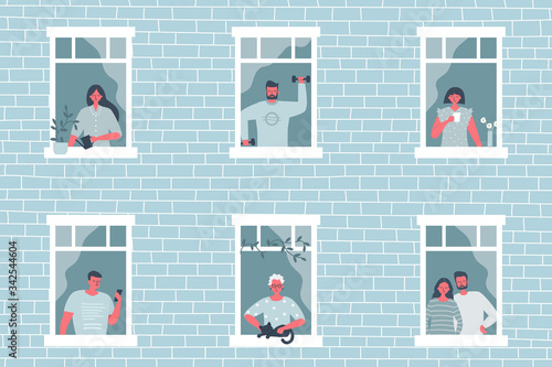 People at the window. Young woman is drinking coffee, elderly woman stroking a cat, girl is watering flowers, young man is training with dumbbells, guy is looking at the phone. Stay at home concept
