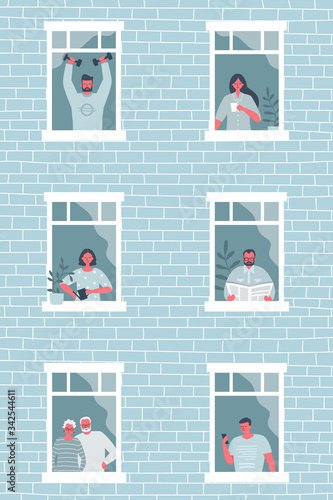 People at the window. Girl is drinking coffee, man reading a newspaper, young woman is watering flowers, young man is training with dumbbells, guy is looking at the phone. Stay at home concept. Vector