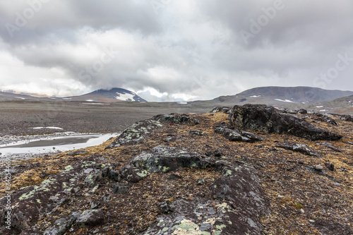 stone landscape in the mountains in Sarek national park, selective focus